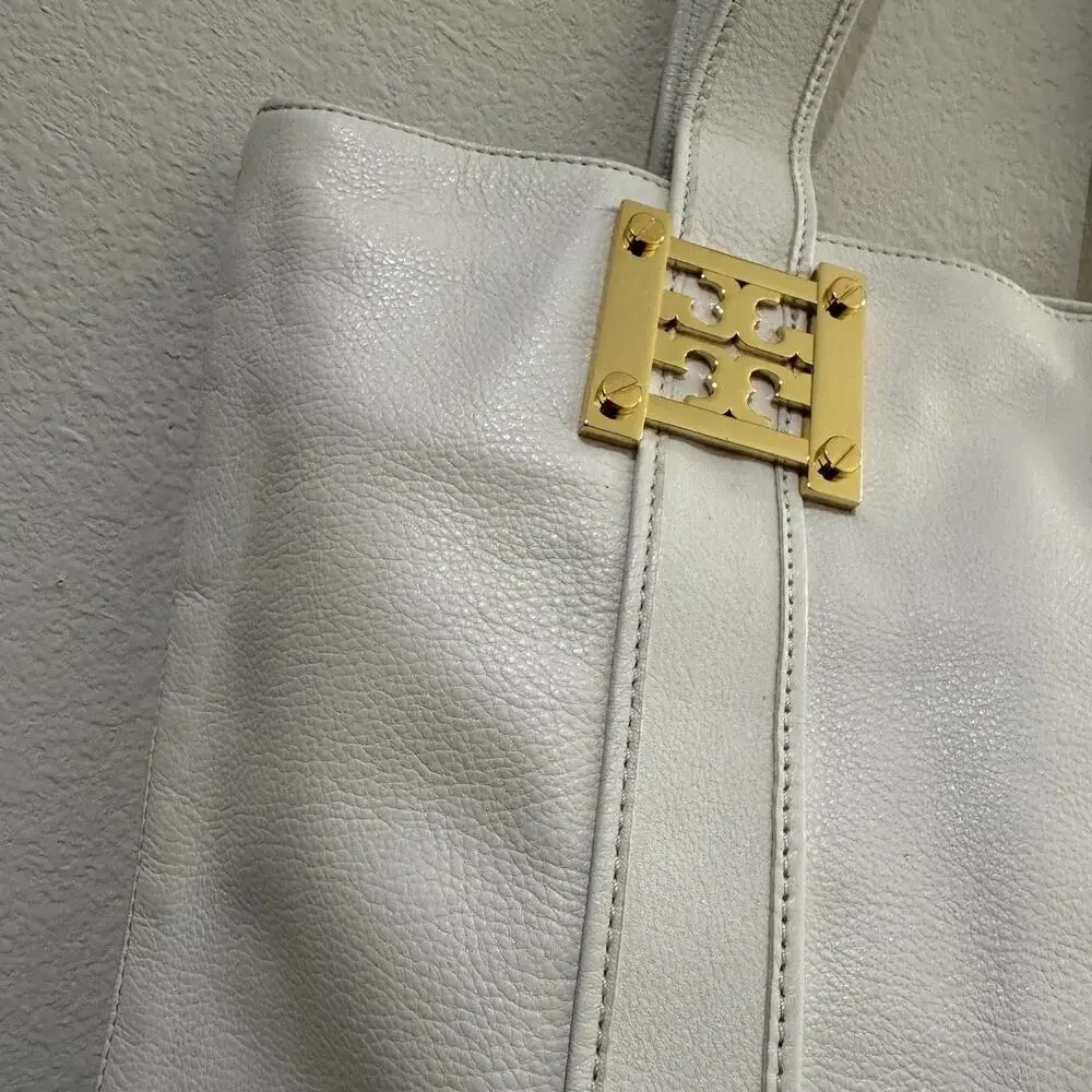 Tory Burch Gareth White Pebbled Leather Bucket Shoulder Tote Bag Gold Hardware